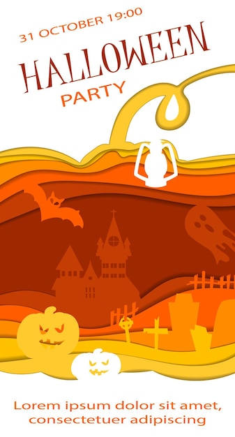 Happy Halloween posterontwerp Vector sjabloon met papier gesneden stijlsymbolen Uitnodiging voor feest