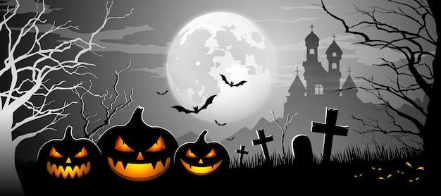 Happy Halloween pumpkin banners design on bat and moon gray backgrund