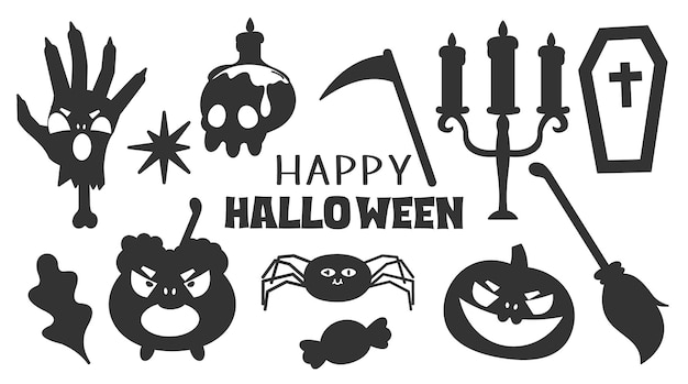 Vector happy halloween pumpkin ghost doodle elementen geïsoleerde vector silhouetten