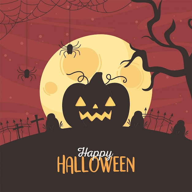 Happy halloween, pumpkin hanging spider branch tree gravestones trick or treat party celebration vector illustration