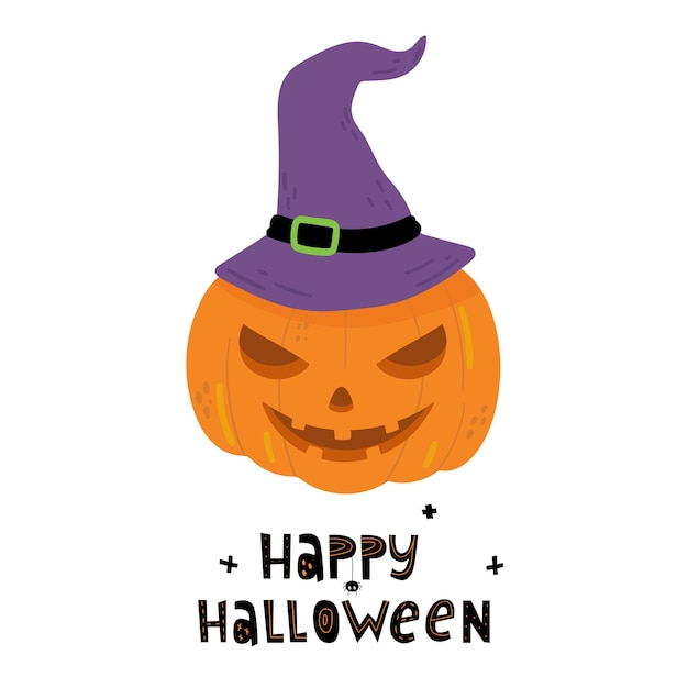 Happy Halloween Pumpkin in hat  Doodle style Vector hand drawn illustration