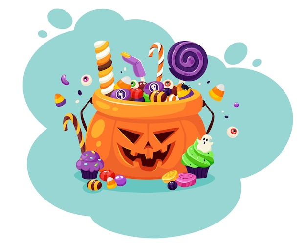 ハッピーハロウィン。気味の悪いお菓子やキャンディーとカボチャ。フラットスタイルのイラスト。