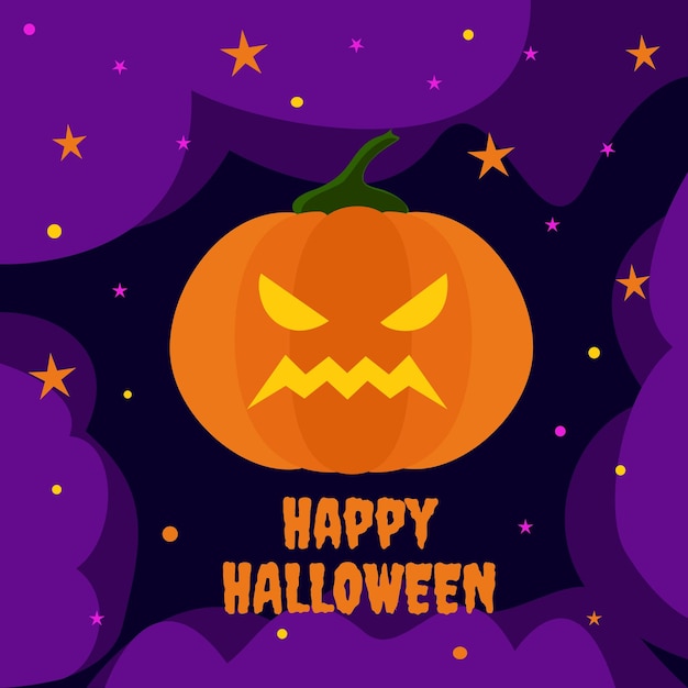 Happy halloween pumpkin with evil smile on dark multilayered background layers of purple fog stars