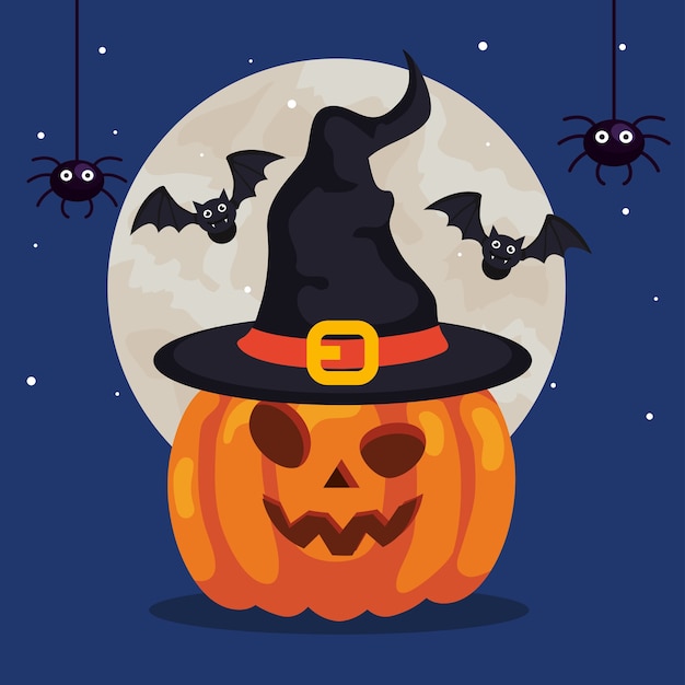 Happy halloween and pumpkin with hat witch, bats flying and spiders