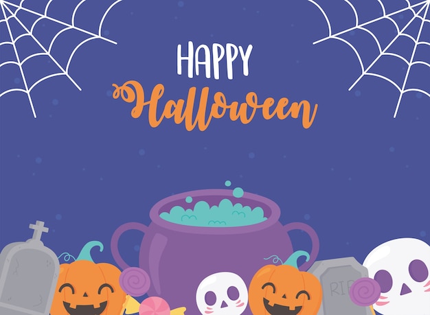 Happy halloween pumpkins cauldron skull tombstone cobweb greeting card illustration