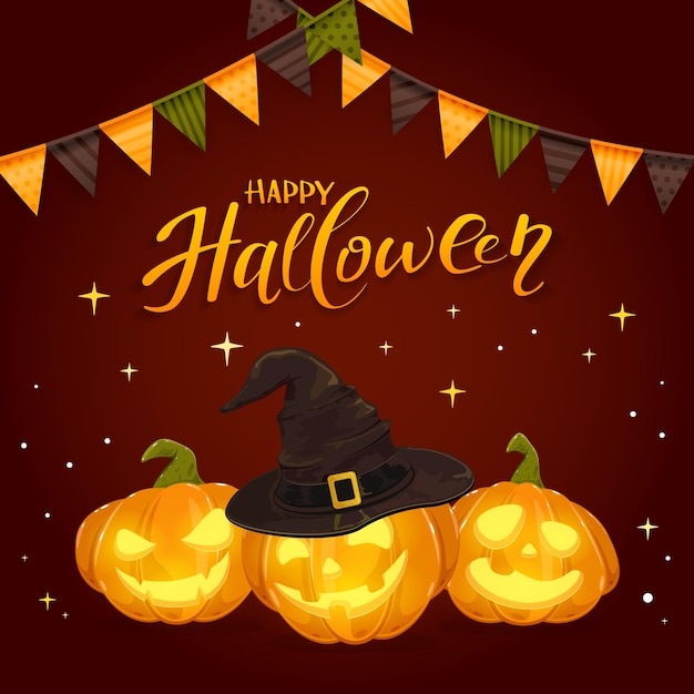 Buon halloween e zucche con cappello da strega nero e gagliardetti