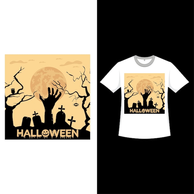 ハッピーハロウィンレトロカラーTシャツデザイン墓地ハロウィーンファッションデザインゾンビ手墓月枯れ木と書道ハロウィーンの怖いヴィンテージカラーTシャツデザイン