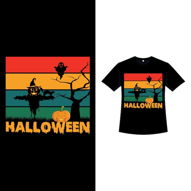 Happy Halloween retro color Tshirt design with a scarecrow Halloween fashion wear design with a ghost dead tree pumpkin and calligraphy Scary vintage color Tshirt design for Halloween event