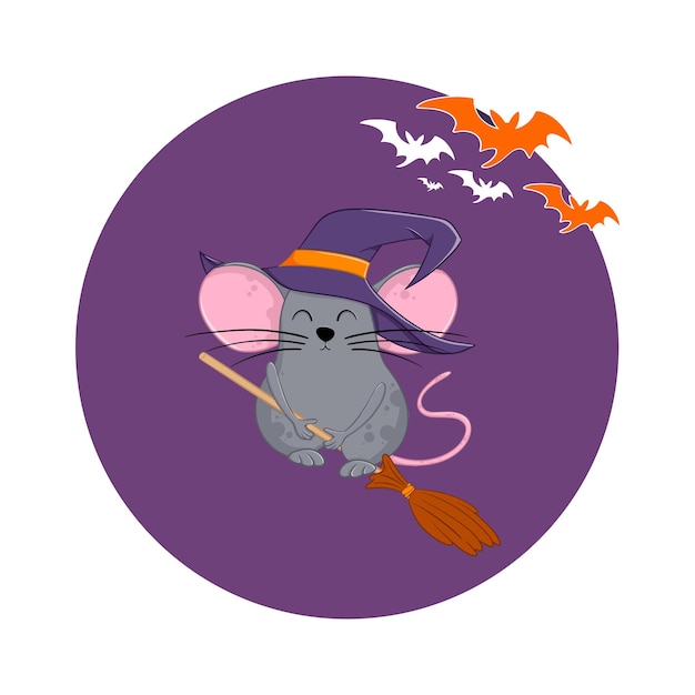 Vector happy halloween ronde banner met heksenmuis en vleermuizen