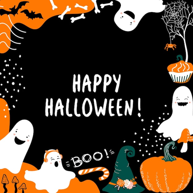 Happy Halloween roze rand Pompoenen vleermuizen spinnen schattig spoken Doodle frame