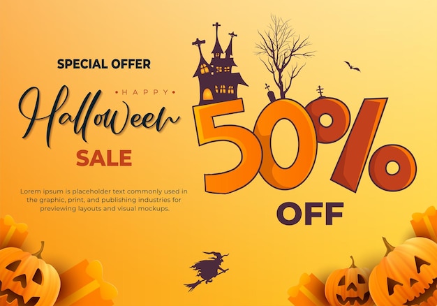 Happy halloween sale banner background with haunted house realistic pumpkins and illustration of text 50