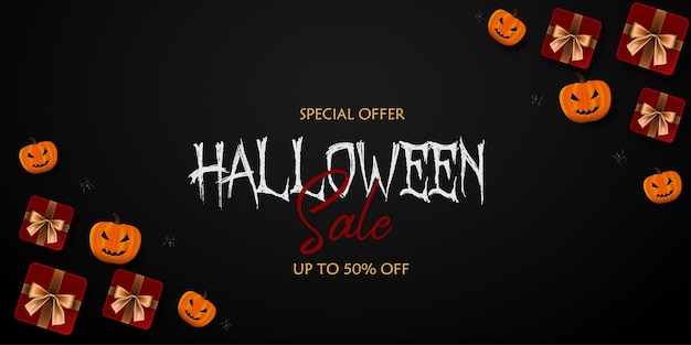 Modello di promozione banner di vendita di halloween felice con scatole regalo e ragno