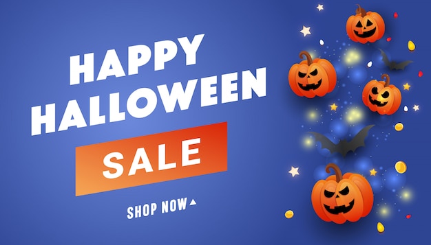 Happy halloween sale banner scary face orange pumpkins, gold coins, bats and gold glitter