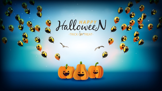 Счастливый баннер продажи хэллоуина. жуткая ночь с тыквами на хэллоуин и летающими воздушными шарами-призраками.