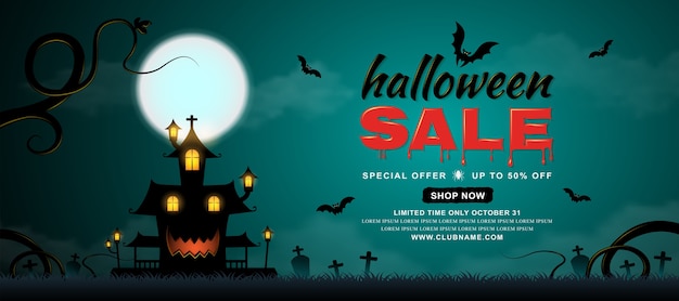 Happy halloween sale banner template haunted house and bats