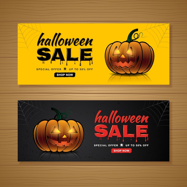 Vector happy halloween sale banner template pumpkins and spider web