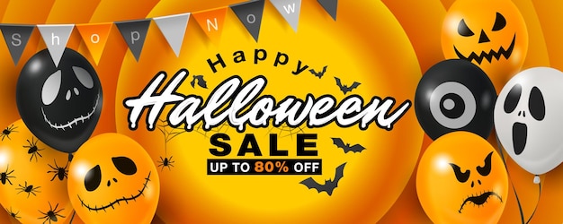 Happy halloween sale banner template with cute halloween balloons.