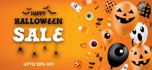 Banner di vendita di halloween felice con palloncini e caramelle.