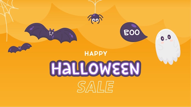 Happy Halloween sale banner with bat ghost and spider