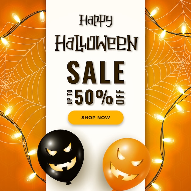 Happy Halloween sale banner with scary air balloons, garland lights and spider web on Orange