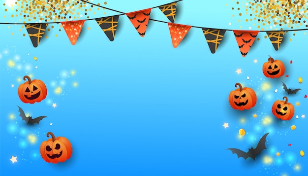 Vector happy halloween sale banner with text, symbols pumpkin, colored garlands and candy on gradient blue background