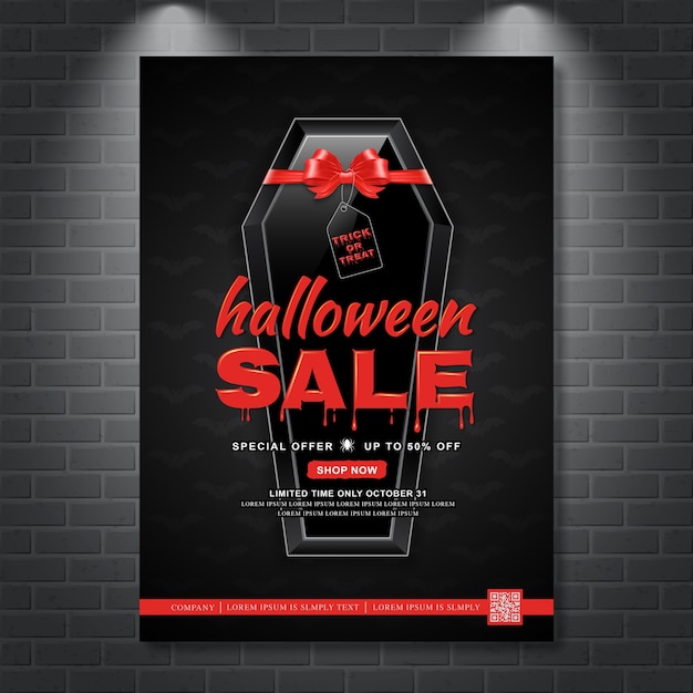 Vettore felice bara di modello poster di vendita di halloween con fiocco rosso