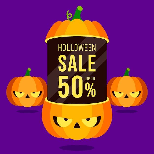 Счастливый хэллоуин продажа рекламный баннер и специальный дизайн шаблона скидки декоративный с тыквами, изолированными на фиолетовом фоне