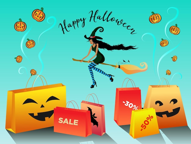 Banner promozionale di vendita di halloween felice con una bella strega pelle nera che vola su una scopa e borse zucche divertenti e cmile divertenti sulle borse illustrazione vettoriale su sfondo blu sfumato