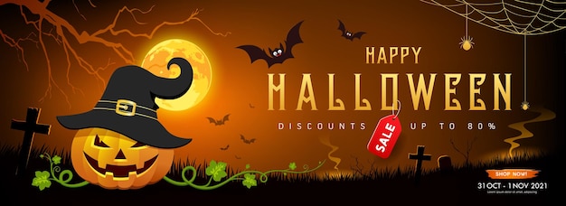 Happy halloween sale pumpkin smile and bat with tree banner design on moon orange background