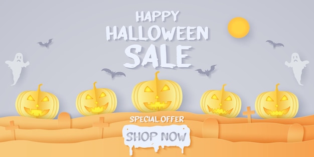 Happy Halloween Sale, специальное предложение, тыквенная голова, кладбище, призрак с сообщением, стиль бумажного искусства