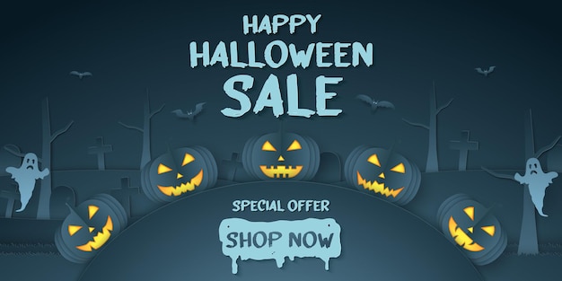 Happy Halloween Sale, special offer, pumpkin head, graveyard, ghost with text, paper art style