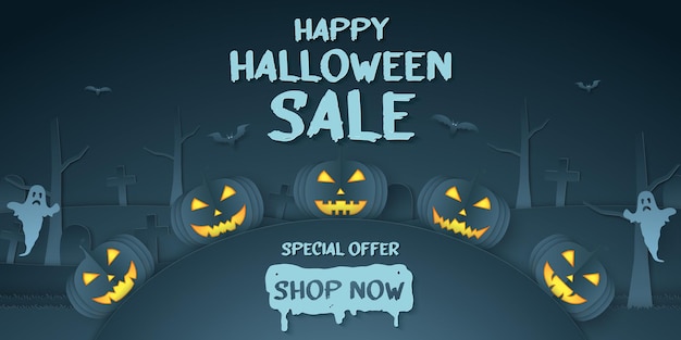 Happy halloween sale, special offer, pumpkin head, graveyard, ghost with text, paper art style