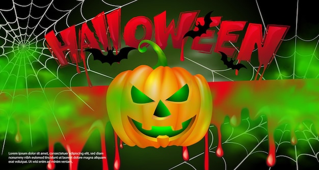 幸せなハロウィーンの怖いジャック・オー・ランタンのコウモリの蜘蛛の巣と血まみれの活版印刷のデザインテキスト