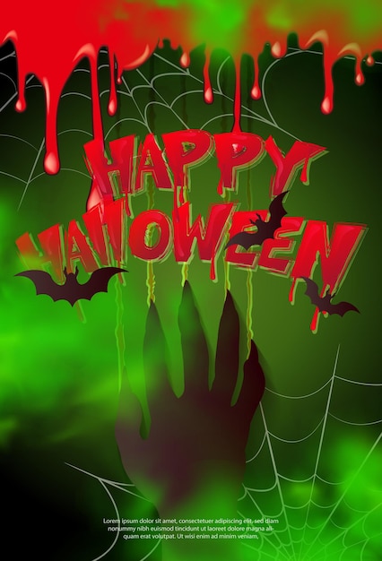 Vector happy halloween scary zombie hand scratch the wall spider web and bloody typographic design text