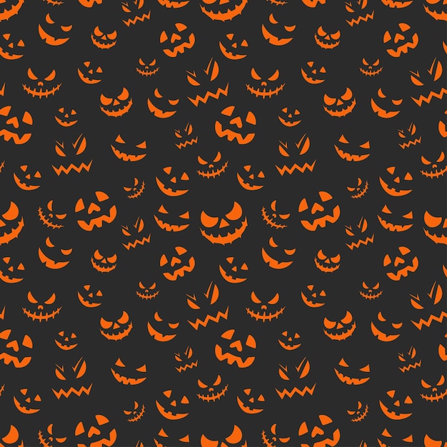 Vector happy halloween seamless pattern background with different pumpkin scary faces cartoon scary ghost faces