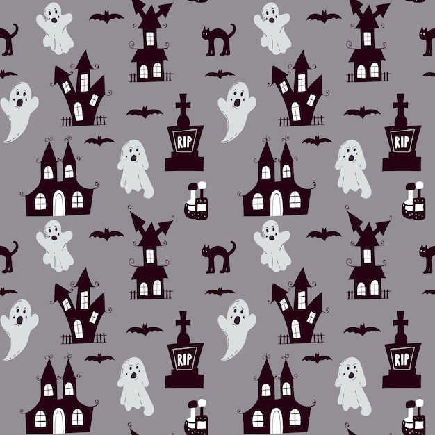 Vector happy halloween seamless pattern gloomy castle and cute scary ghosts