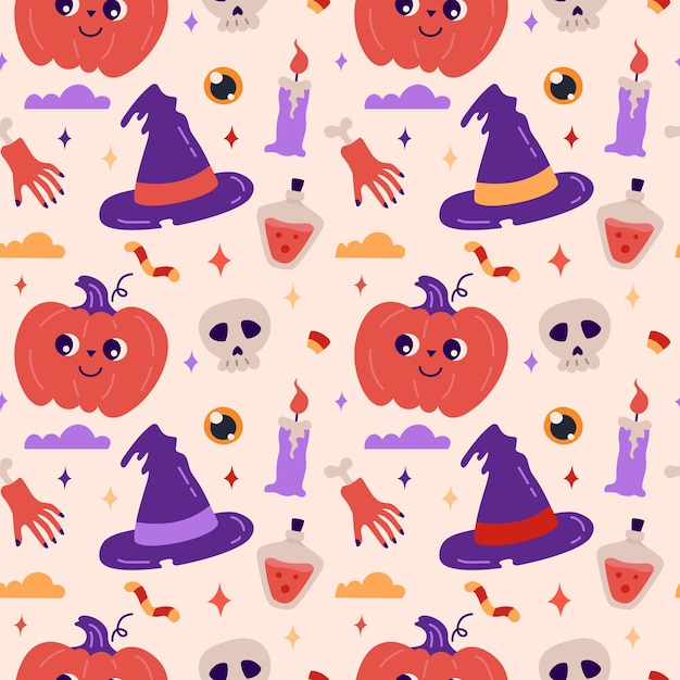 Vettore happy halloween seamless pattern illustrazione con candela cappello magico pozione caramelle zucca