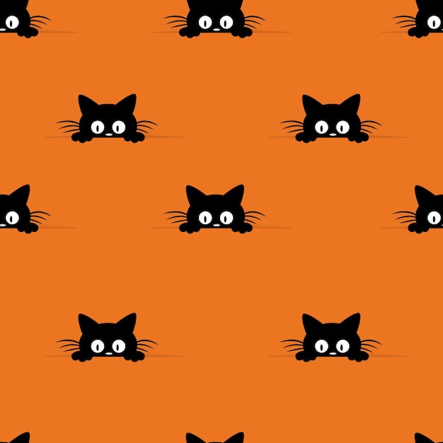 Happy Halloween seamless pattern on orange background with black kitten Paper cut style