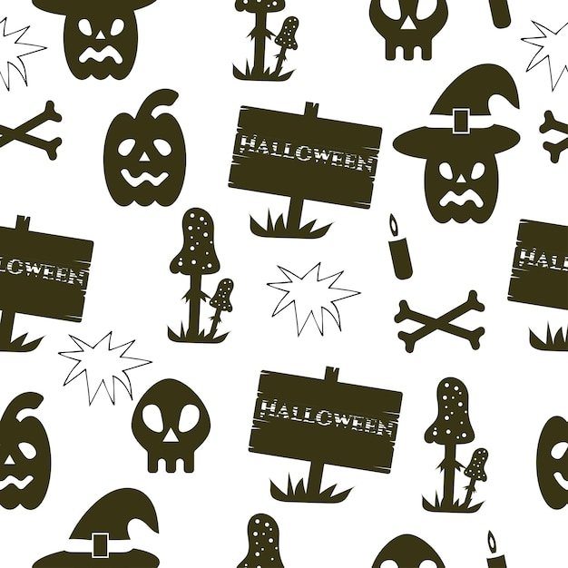 Happy Halloween seamless pattern with black silhouette skull and bones pumpkin fly agaric speech