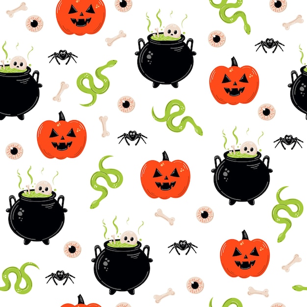 Счастливый хэллоуин бесшовный узор со страшными тыквами, котлом, змеей, пауком и глазом. дизайн
