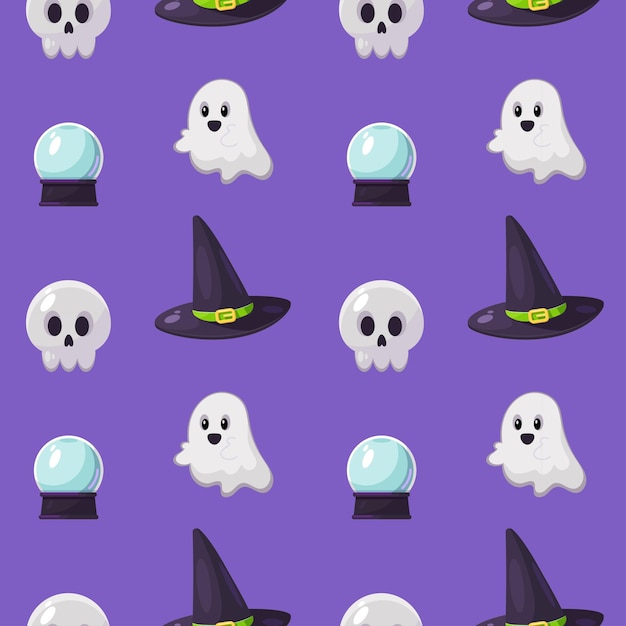 Happy Halloween seamless pattern with skull magic hat and ghost