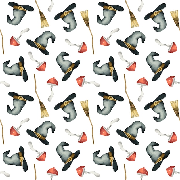 Happy Halloween seamless pattern with which hat broom fly agaric party decorations