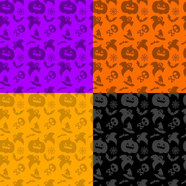 Happy halloween seamless patterns design set. color icons of skull, pumpkins, spider, ghost