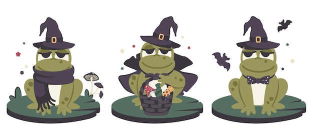 Happy halloween set of cute frogs in black cloak and hat siiting on green leaf silhouette of bat basket with halloween candy holiday clothes funny toads cartoon character face clipart vectorxa