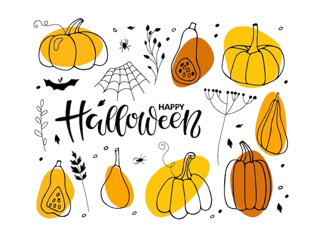 Vettore buon halloween insieme. collezione di vettore di autunno disegnato a mano. disegno di schizzo di vacanze di halloween. zucca