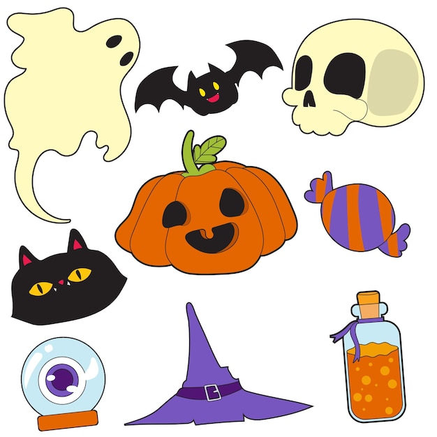 Вектор Счастливый хэллоуин набор элементов, призрачная тыква, летучая мышь и кошка. вектор - милые иллюстрации