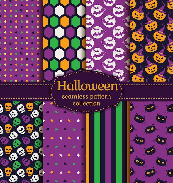 Felice halloween! set di sfondi senza soluzione di continuità con zucche, teschi, pipistrelli, gatti cupi e motivi geometrici astratti. collezione vettoriale nei colori viola, nero, verde, arancione e bianco.