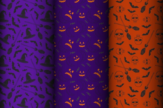 Happy Halloween Set of seamless patterns with traditional holiday symbols skulls bats pumpkins ghosts spiders and web Vector collection of patterns
