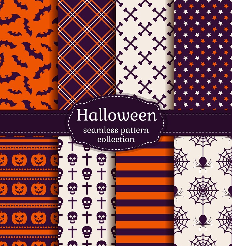Happy Halloween! Set of seamless patterns with traditional holiday symbols: skulls, bats, pumpkins, spiders and web. Collection of backgrounds in purple, orange and white colors. Vector illustration.
