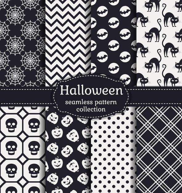 Happy Halloween! Set of seamless patterns with traditional holiday symbols